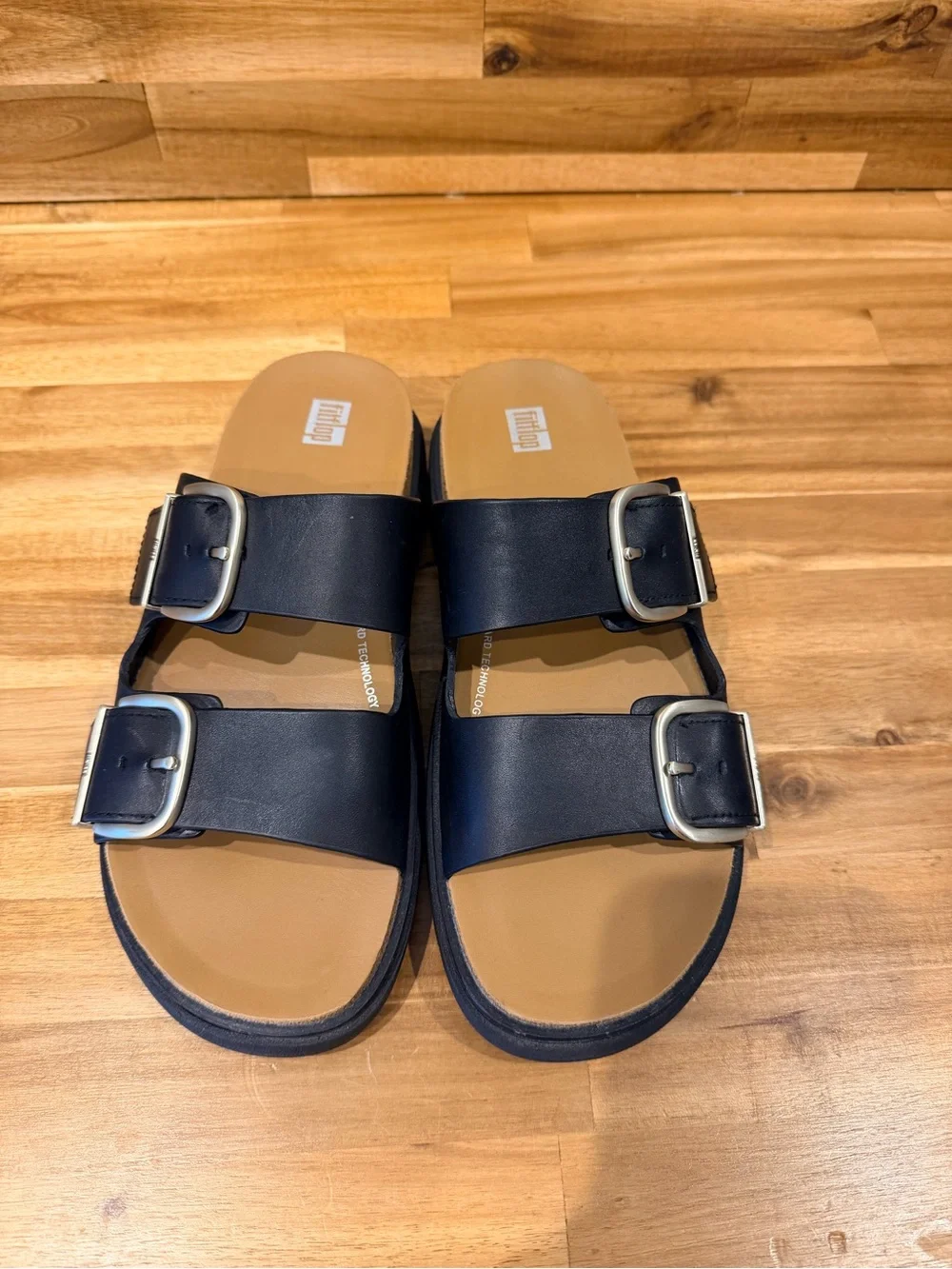 Fitflop Black Leather Gen-FF Double-Buckle Slide Sandals